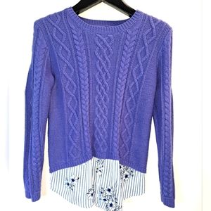Monteau Medium Sweater Cable Knit Purple Floral L/S Crewneck